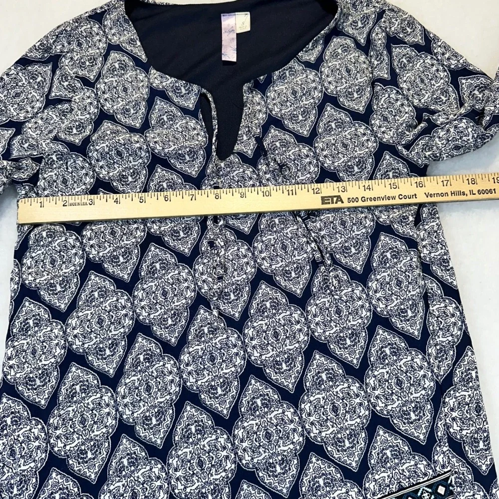 Aliya Tunic Dress Women Small Navy Blue Boho Paisley Bell Sleeve‎ Tulip Hem USA
